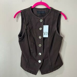 NWT Zara Vest Brown Denim Effect Gold Buttons Sleeveless Crop Tailored Women XS